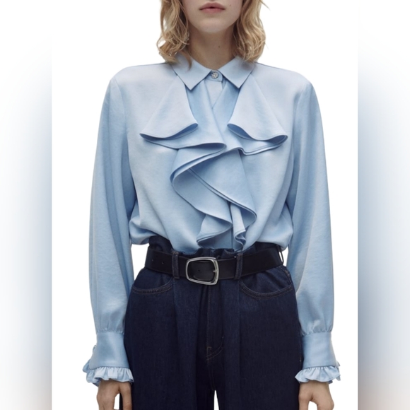 Zara Tops - ZARA Blue Ruffled Button Front Blouse Women’s Romantic Victorian Style Size L